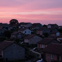 village, houses with faces, sunset atmosphere, pink, low contrast, light, naive, detailed, cinematic lighting + masterpiece