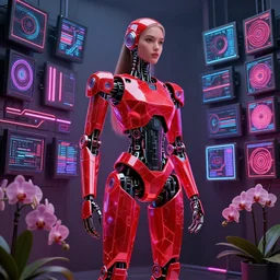beautiful tall female robot printed with red and black 3 d geometrical neon guarding a wall of computers!!!!!!!!!! + flowering vaporwave orchids!!!, clean linework, dramatic, uncanny valley, insanely detailed, 4 k, trending on artstation, photorealistic, award winning, rule of thirds, volumetric lighting, octane render