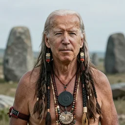 a portrait photograph of Joe Biden as a tribal shaman from the stone age, DSLR photography