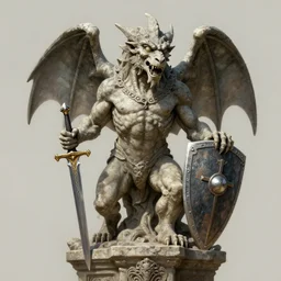a detailed full body portrait gargoyle guardian in stone, sword and shield, by greg rutkowski and justin gerard, digital art, monstrous, art nouveau, baroque style, realistic painting, very detailed, fantasy, dnd, character design, trending on artstation
