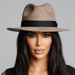 studio photo of kim kardashian wearing a fedora, professional photo, close up, studio lighting, high quality
