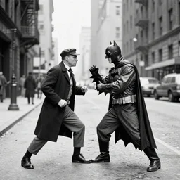 old black and white photo, 1 9 2 5, depicting batman fighting a al capone in an ally of new york city, rule of thirds, historical record
