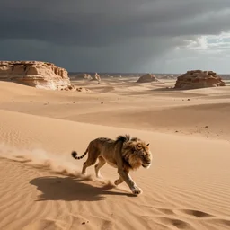 hungry beast running across the open desert, empty desert, sand, karst landscape, wide shot, concept art by greg rutkowski
