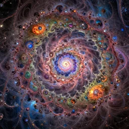 hyper realistic fractal art featuring ultra detailed infinities spiralling through the universe in a multicolored macro world of unfathomable complexity