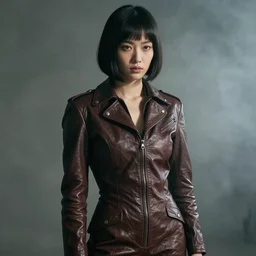 moody, youthful asian blade runner demure, 3 5 mm, exquisite features, feminine cut, 1 9 7 0's frontiers in flight leather suit, steven meisel, smoke, grain, haze