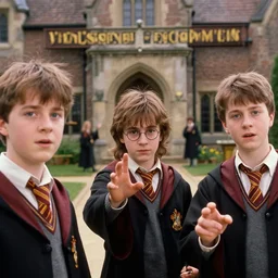 sharp, highly detailed, freeze frame, from a 2 0 1 9 sci fi color movie, set in 1 8 5 0 in an alternate universe, mid distant shot of three students practicing magic, outside the'school of science and magic ', correct era clothing, good lighting, in focus, detailed eyes, 3 5 mm macro lens, live action, award winning lighting, award winning photography