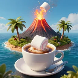 a volcano erupting marshmallow on an island with palm trees in a cup full of coffee, highly detailed, concept art, art by wlop and artgerm and greg rutkowski, masterpiece, trending on artstation, 8 k