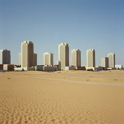 1 9 7 0 s movie still of a empty mammoth stalinist style town with high - rise in the desert, cinestill 8 0 0 t 3 5 mm eastmancolor, heavy grain, high quality, high detailed