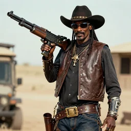 digital photo of snoop dogg as black cowboy toting massive minigun steampunk western by