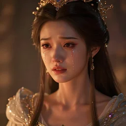 medium close up of princess crying, tears down face, intricate clothing, fantasy, headpiece, digital illustration, hyperealisism, octane renderer, artstation trending, warm cinematic moody lighting, reflections, particles, style of dropdeadcoheed, tom bagshaw, wlop, jeremy lipkin, artgerm