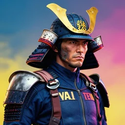 a powerful japanese samurai wearing a vault - tec jumpsuit from fallout gear, detailed face, highly detailed, face symmetry, character concept portrait by moebius and laurie greasley, colorful, profile picture, 8 k, cinematic color grading
