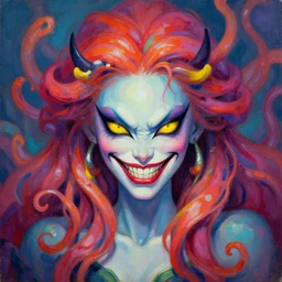 medusa portrait painting, vibrtant, colorful, wicked grin, yellow cat eyes, artstation, detailed, blurred background