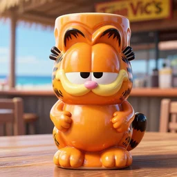 a closeup photorealistic photograph of a glossy orange cat garfield style tiki mug sitting at a trader vic's beach bar featuring garfield's face. tiki theme. bright scene. fine detail. this 4 k hd image is trending on artstation, featured on behance, well - rendered, extra crisp, features intricate detail, epic composition and the style of unreal engine.