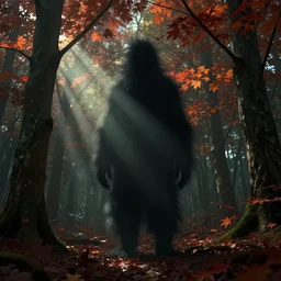 ominous fuzzy shadow creature in a maple tree forest, uncanny, vhs, creepypasta, octane render, ray - tracing, godrays, 6 k