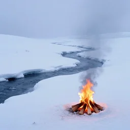 tiny smoldering campfire glowing in a stark minimalist frozen creek snowdrift landscape from mulan ( 1 9 9 8 )