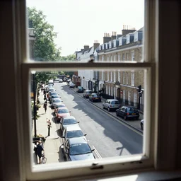 view of a british street from an upstairs window, sunny day, cars parked, 2006 photograph