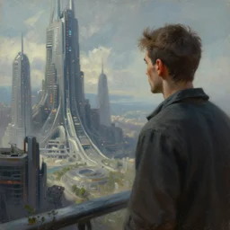 a man staring forlornly at futuristic utopian city he has been cast out of. intricate, highly detailed, digital painting, artstation, oil painting