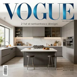 2 1 st century kitchen design, magazine cover page, ultra detailed, photo realistic, top graphic design, futuristic font, title designer, trending on artstation, style of vogue magazine, style of wallpaper magazine