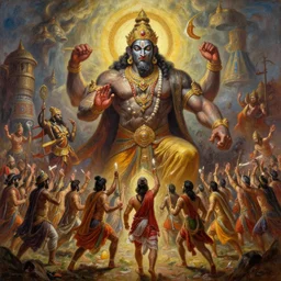 A gigantic colossal epic dramatic scene from Ramayan , by Bruce Pennington, by Wayne Barlowe, by Greg Rutkowski, oil on canvas, masterpiece, detailed, dynamic, cinematic composition, beautiful lighting, view from ground, trending on artstation, top on pixiv, 8K, no frames,