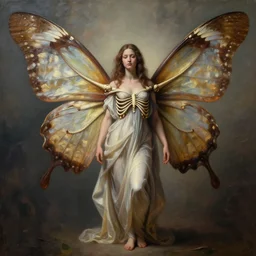 a dreamy oil painting of a woman with majestic skeletal butterfly wings that look like drapes, da vinci, carvaggio, 3 d octane render