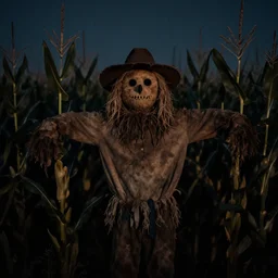 Scarecrow in a cornfield at night looking at viewer, low quality photograph, eerie lighting