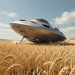A crashed UFO in a wheat field, digital art, trending on artstation