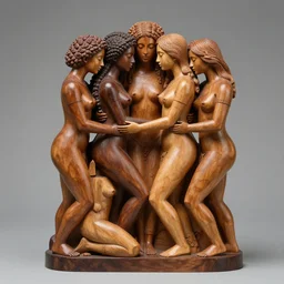intricate wood sculpture of beautiful androgynous polygamous racially diverse people caressing