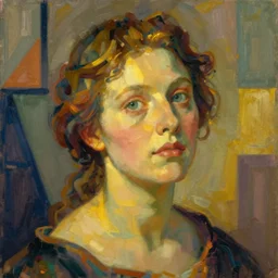 this digital painting features a rembrandt - inspired portrait of a woman set against a fauvist background. the woman's face is illuminated by a warm, golden light, and her gaze is directed upward, as if she is lost in thought. the background is composed of geometric shapes and clean lines, creating a contrast with the woman's more organic features. the overall effect is one of harmony