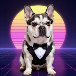 a husky fawn french bulldog wearing a tuxedo, high quality, ultra detailed, a beautiful retrowave digital artwork, trending on artstation, masterpiece, 1 6 k