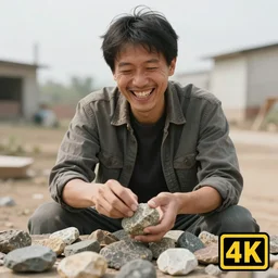 Person laughing because he has much money from selling rocks, 4k