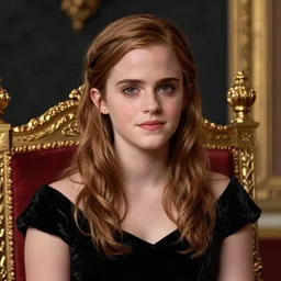 emma watson as the queen of england sitting on her throne in a palace, closeup