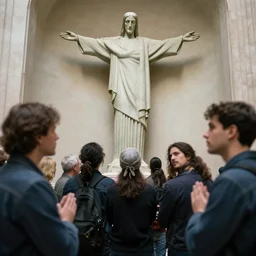 religious debate between people in front of concrete statue of Christ