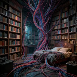 rgb wires, library, cinematic, movie scene, inspired by zdzislaw beksinski, veins,, cables everywhere, bedroom, ultra realistic, concept art, intricate details, highly detailed, photorealistic, octane render, 8 k