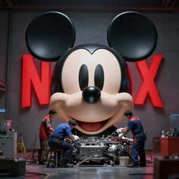 workers / mechanic working on mickey mouse giant head, big red glowing netflix logo in behind wall, low cinematic lighting, front lit, beeple, cgsociety, unreal engine, octane render, trending on art station, highly detailed 4 k art, intricate, hyperr realistic