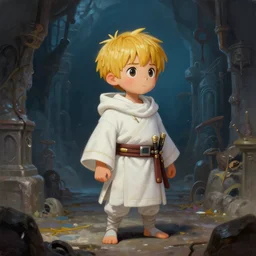 A cute spaghetti-boy cleric protagonist with white clothing and a belt of kunai is exploring the grimdark dungeon depths. trending on Pixiv. trending on ArtStation. A vibrant digital oil painting. A highly detailed fantasy character illustration by Wayne Reynolds and Kev Walker and Gustave Dore and Carl Critchlow and Bram Sels