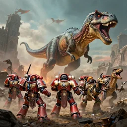 Warhammer 40k space Marines fighting dinosaurs, by John blanche