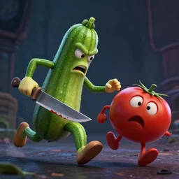 detailed 3 d render of an angry zucchini character with a bloody knife in his hand, chasing after a tomato figure scared to death, hyper realistic octane render, dramatic scene, nightmare, surrealism, pixar, disney, cartoon