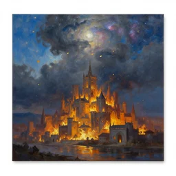 breathtaking oil painting of a fiery medieval city landscape with moody dark tumultuous clouds, palette knife, at blue dawn with strokes of light and golden petals flying, galaxy and cosmos nebulae, art nouveau cathedral on the shore, rembrandt style, concept art, matte, by georgia hart,