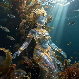 hyperrealistic precisionist cinematic underwater scene with fish and algae, very expressive! translucent elegant african goddess, full body, gold jewerly, highly detailed face, digital art masterpiece, aykut aydogdu zener, dramatic volumetric light, long shot, low angle uhd 8 k, sharp focus