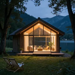 A cottage with a big picture window. light up. by a lake. Surrounded by trees and mountains in the background. beach chairs and trees in the foreground. at night photorealistic