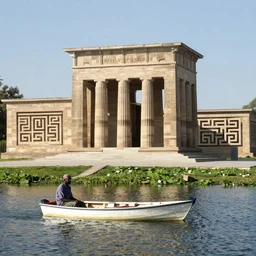a man on a small boat on a lake by djibril diop mambety, ancient high buildings, highly vertical classical temples, high vertical wall labyrinth, leica sl 2 3 5 mm, high quality