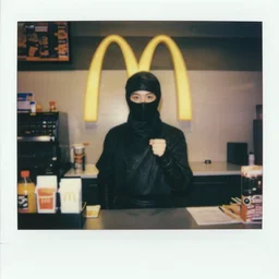 a ninja working the front counter of mcdonald's ready to take your order, eighties polaroid, flash photography, photorealistic, kodachrome