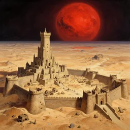 ancient cities, castles, fortresses built by demigods aeons ago buried under time and sand on barren desert exoplanet illuminated by enormous red giant by James Gurney, by Caspar David Friedrich, by Zdiszslaw Beksinski and Alex Gray, hyperdetailed illustration with vivid palette