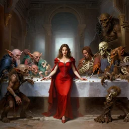 dnd last supper, kate beckinsale as quin in red dress at center, goblin, mage, skeleton, orc, troll, golem, 8 k, deep focus, d & d, fantasy, intricate, elegant, highly detailed, digital painting, artstation, concept art, matte, sharp focus, illustration, hearthstone, art by alphonse mucha