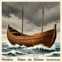 huge ancient massive wooden curved hulled boat, no masts, on huge stormy turbulent waves seas dark clouds and rain, limited neutral palette, by pascal campion, petros afshar, anton fadeev, dean ellis, randolph stanley hewton, beautiful graphic, propaganda poster art 1 9 7 0 s illustrated advertising art, painterly design