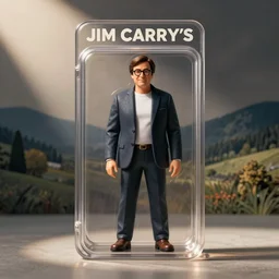 Jim Carrey's action figure in a stand. Studio lighting.