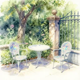delicate, chairs, garden, paved, botanic watercolors, iridescent, 8 k, realistic shaded, fine details, artstation, italian, iron gate, tree, mediterranean, neon flowers