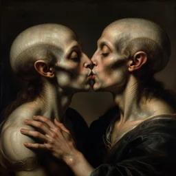 closeup portrait of ribbed alien kissing prehistoric human, lucid dream - like heavy atmosphere, baroque painting, harsh flash photo, perfect composition, detailed octane render trending on artstation, 8 k artistic photography, volumetric cinematic perfect light, chiaroscuro, masterpiece, raphael, caravaggio, beksinski, rutkowski, beeple