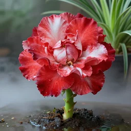 beautiful red flower blossom, white petals and green stem, flowers bloomed from the ground, organic look, unrealistic but amazing detail, high resolution image of flower, vase, shading, perspective, delicate water droplets, reflection on glass, mist, spider plant, rose bush, colorful, fine details, smooth surfaces, by ronnie smith
