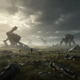 beautiful render of a eerie landscape, unreal engine, post battle, first light, dead soldiers, moor, morning mist, dramatic clouds, broken war machines, soft light, by greg rutkowski and h. r. giger, cgsociety